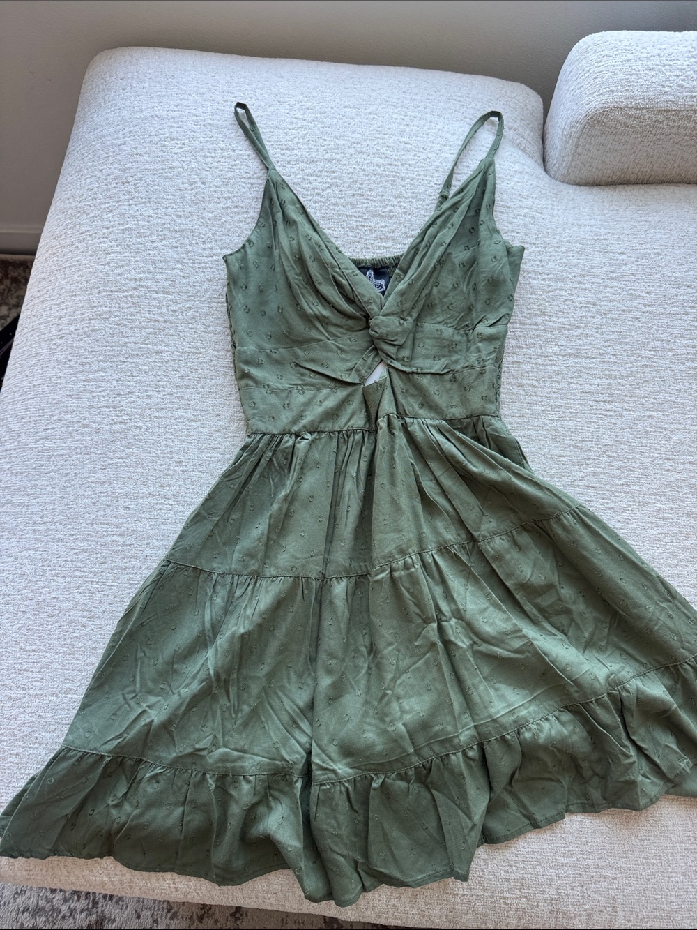 Reformation Sage Green Twist-Front Tiered Mini Dress